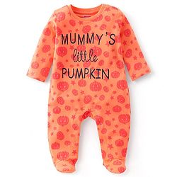 Babyhug Cotton Knit Full Sleeves Pumpkin Printed Footed Night Suit - Orange