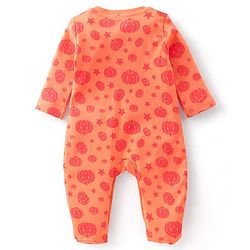 Babyhug Cotton Knit Full Sleeves Pumpkin Printed Footed Night Suit - Orange
