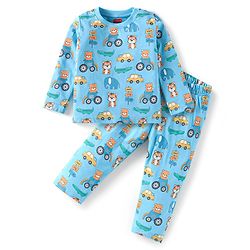 Babyhug Cotton Knit Full Sleeves Teddy Printed Night Suit - Blue