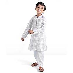 Babyhug 100% Cambric Full Printed Kurta Pyjama Set - White