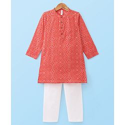 Babyhug Cotton Woven Full Sleeves Kurta and Pajama Set Floral Print - Red