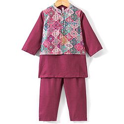 Babyhug Cotton Woven Full Sleeves Kurta & Pyjama Set with Printed Jacket - Magneta