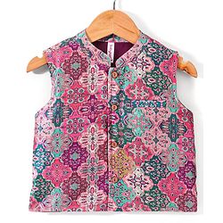 Babyhug Cotton Woven Full Sleeves Kurta & Pyjama Set with Printed Jacket - Magneta