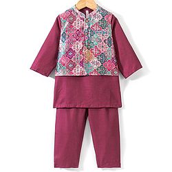 Babyhug Cotton Woven Full Sleeves Kurta & Pyjama Set with Printed Jacket - Magneta