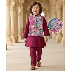 Babyhug Cotton Woven Full Sleeves Kurta & Pyjama Set with Printed Jacket - Magneta