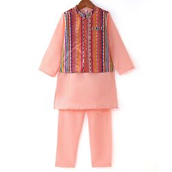 Babyhug 100% Cotton Full Sleeves Solid Colored Kurta Pyjama Set with Printed Jacket - Peach