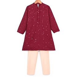 Babyhug Woven Full Sleeves Sequin Embroidered Kurta Payjama Set -Maroon