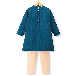 Babyhug Full Sleeves Schiflly Embroidered Kurta Pyjama Set - Teal
