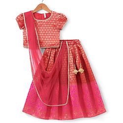 Babyhug Half Sleeves Brocade Choli with Lehanga & Dupatta Set - Fuchsia