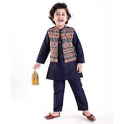 Babyhug Full Sleeves Solid Colour Kurta Payjama Set with Mirror Embroidered Jacket Navy Blue (Design May Vary)