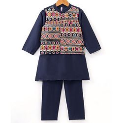 Babyhug Full Sleeves Solid Colour Kurta Payjama Set with Mirror Embroidered Jacket Navy Blue (Design May Vary)