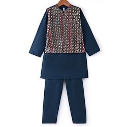 Babyhug Full Sleeves Solid Kurta Pyjama Set with Embroidered Jacket - Navy Blue