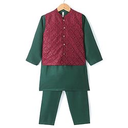 Babyhug Woven Full Sleeves Solid Colour Kurta & Pyjama Set with Embroidered  Jacket - Green