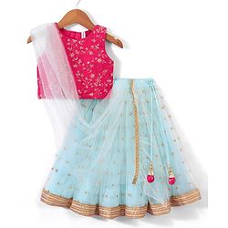Babyhug Sleeveless Embroided Choli with Embroided Lehenga & Dupatta - Sky Blue