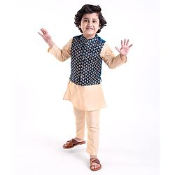 Babyhug Full Sleeves Solid Colour Kurta Payjama Set with Sequenced Embroidered Jacket -Beige