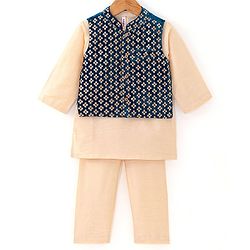 Babyhug Full Sleeves Solid Colour Kurta Payjama Set with Sequenced Embroidered Jacket -Beige