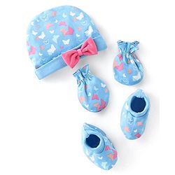 Babyhug 100% Cotton Knit Buitterfly Print Cap Mittens & Booties - Blue