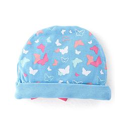 Babyhug 100% Cotton Knit Buitterfly Print Cap Mittens & Booties - Blue