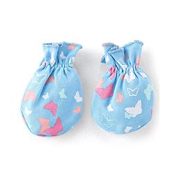 Babyhug 100% Cotton Knit Buitterfly Print Cap Mittens & Booties - Blue