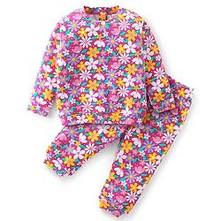 Babyhug Cotton Knit Full Sleeves T-Shirt & Lounge Pant Set Floral Print - Multicolour