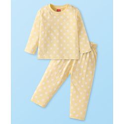 Babyhug Cotton Knit Full Sleeves Night Suit With Polka Dot Print - Yellow