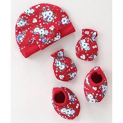 Babyhug 100% Cotton Knit Cap Mittens & Booties Set Floral Print - Red