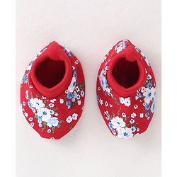 Babyhug 100% Cotton Knit Cap Mittens & Booties Set Floral Print - Red