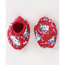 Babyhug 100% Cotton Knit Cap Mittens & Booties Set Floral Print - Red