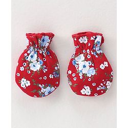 Babyhug 100% Cotton Knit Cap Mittens & Booties Set Floral Print - Red