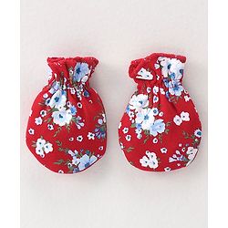 Babyhug 100% Cotton Knit Cap Mittens & Booties Set Floral Print - Red