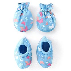 Babyhug 100% Cotton Knit Butterfly  Print Mittens & Booties - Blue