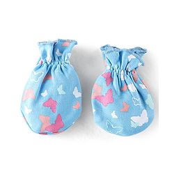Babyhug 100% Cotton Knit Butterfly  Print Mittens & Booties - Blue