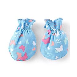 Babyhug 100% Cotton Knit Butterfly  Print Mittens & Booties - Blue