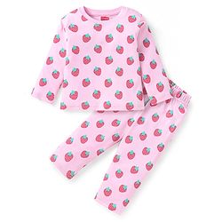 Babyhug Cotton Knit Full Sleeves Night Suit With Strawberry Print - Pink