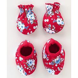 Babyhug 100% Cotton Knit Mittens & Booties Set Floral Print - Red