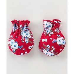 Babyhug 100% Cotton Knit Mittens & Booties Set Floral Print - Red