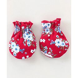 Babyhug 100% Cotton Knit Mittens & Booties Set Floral Print - Red