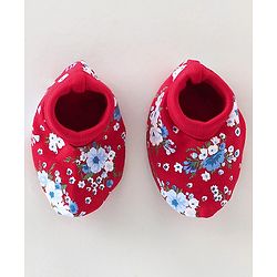 Babyhug 100% Cotton Knit Mittens & Booties Set Floral Print - Red