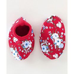 Babyhug 100% Cotton Knit Mittens & Booties Set Floral Print - Red