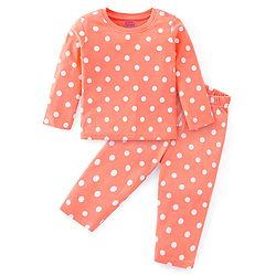 Babyhug Cotton Knit Full Sleeves Polka Dots Printed Night Suit - Orange