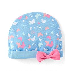 Babyhug 100% Cotton Knit Butterfly Print Cap With Bow Applique - Blue