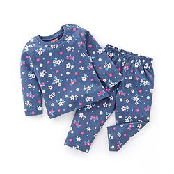 Babyhug Cotton Knit Full Sleeves Floral Print Night Suit - Navy Blue