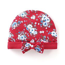 Babyhug 100% Cotton Knit Cap with Floral Design and Bow - Red