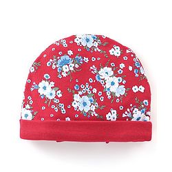 Babyhug 100% Cotton Knit Cap with Floral Design and Bow - Red