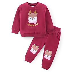 Babyhug 100% Cotton Terry Knit Full Sleeves T-Shirt & Lounge Pant With Bear Patch - Wine