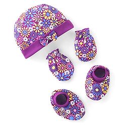 Babyhug 100% Cotton Knit Cap Mittens & Booties Set Floral Print - Purple