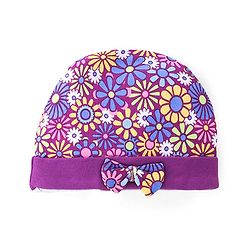 Babyhug 100% Cotton Knit Cap Mittens & Booties Set Floral Print - Purple