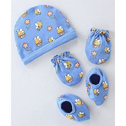Babyhug 100% Cotton Knit Cap Mittens And Booties Honey Bee Print - Blue