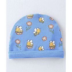 Babyhug 100% Cotton Knit Cap Mittens And Booties Honey Bee Print - Blue
