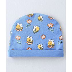 Babyhug 100% Cotton Knit Cap Mittens And Booties Honey Bee Print - Blue